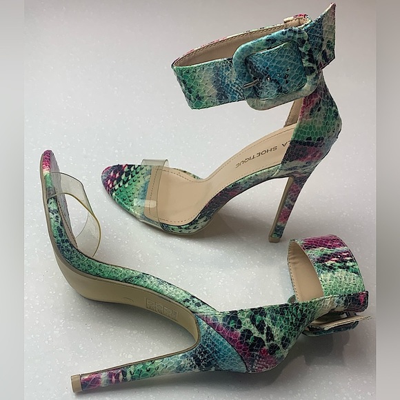 Multicolored Snakeskin Open Toe Ankle Strap Stilettos High Heel Sandals- 7.5 - Picture 2 of 5